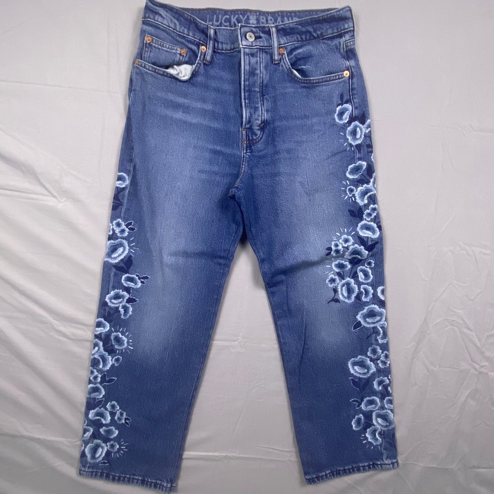 Lucky Brand 90s Loose High Rise Crop Womens 6/28 Embroidered Floral Denim Jeans‎